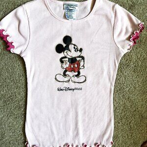 New Walt Disney World Mickey Mouse Girls Pink w/ Gold & Red Applique T-Shirt Lg